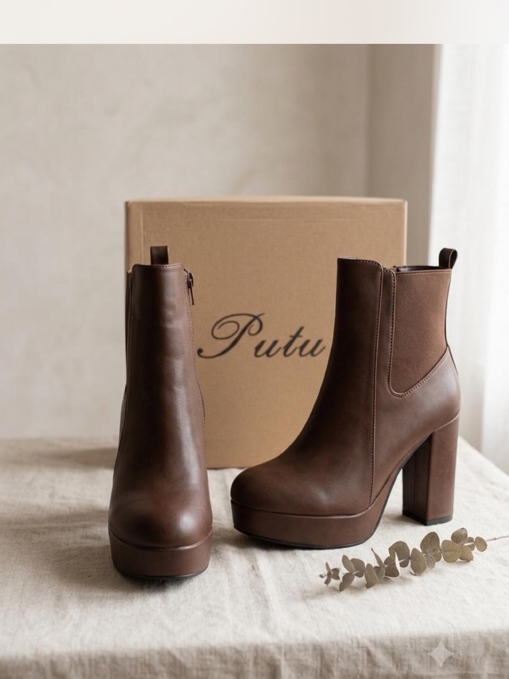 Women's Brown Platform Block Heel Ankle Boots